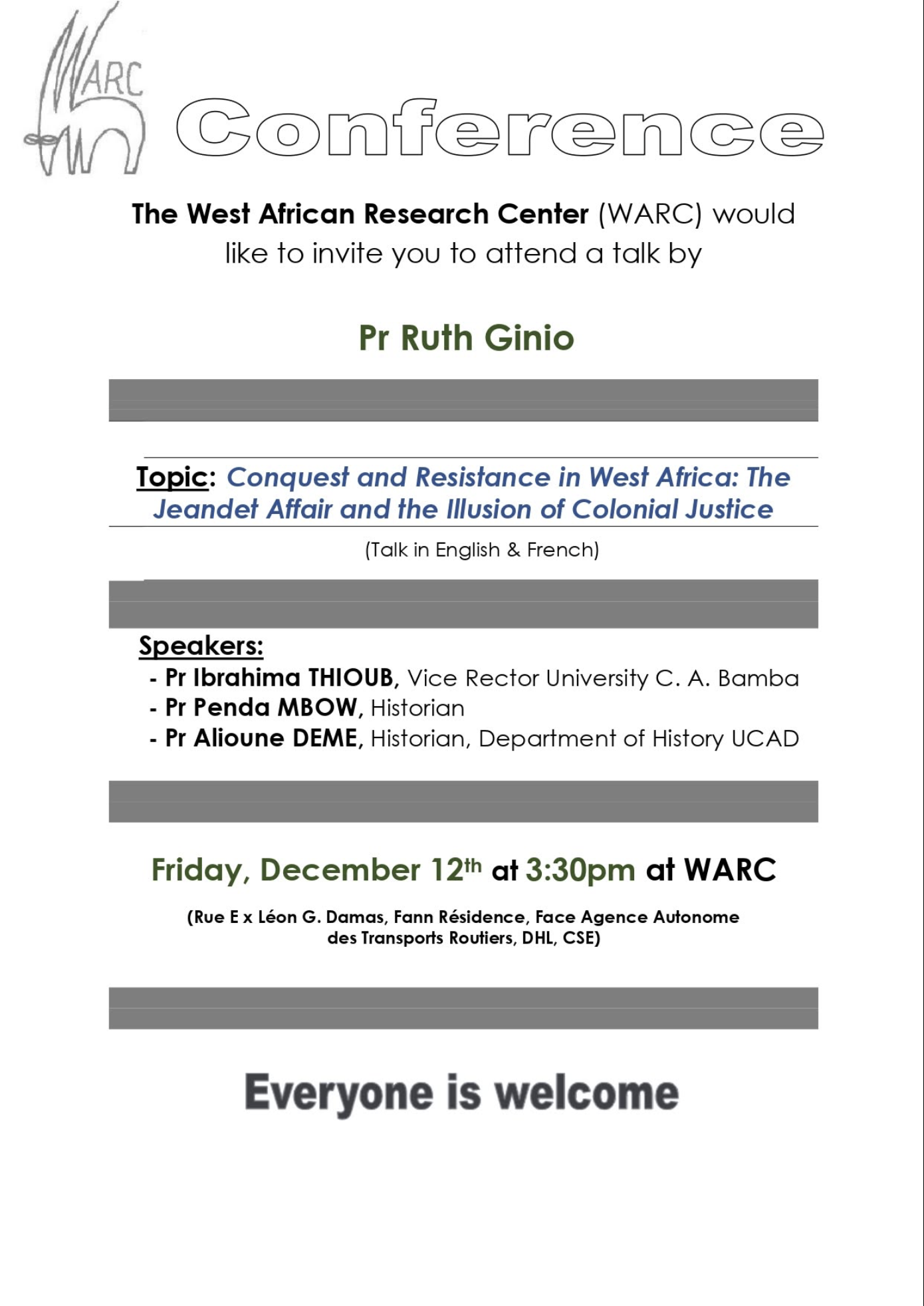 Affiche de l'événement : Conférence — Pr Ruth Ginio : Conquest and Resistance in West Africa
