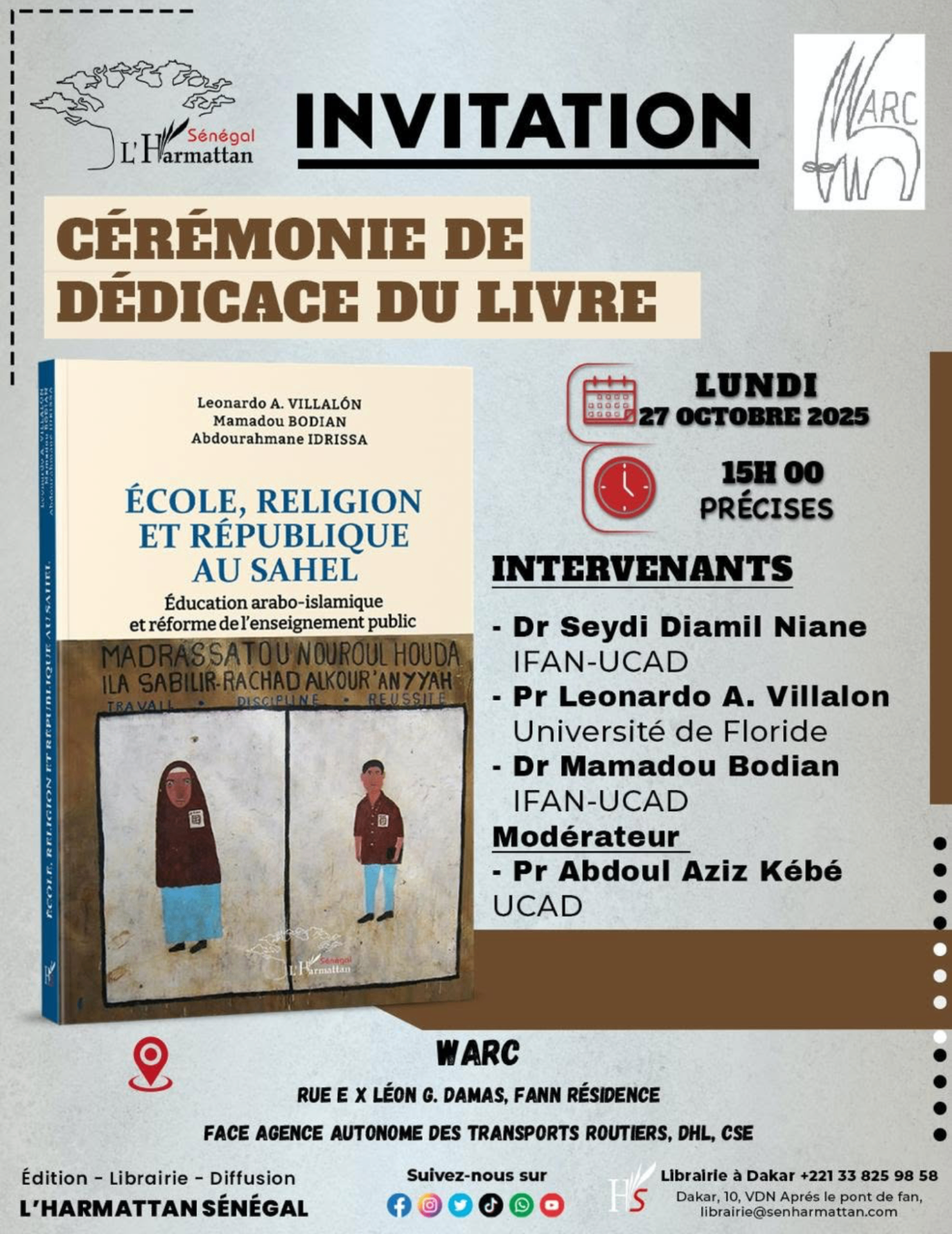 Affiche de l'événement : Cérémonie de dédicace — École, religion et République au Sahel